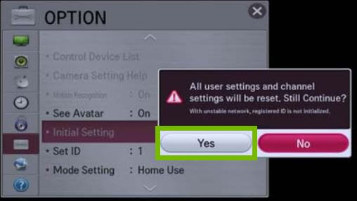 Select Initial Settings to reset NetCast LG Smart TV