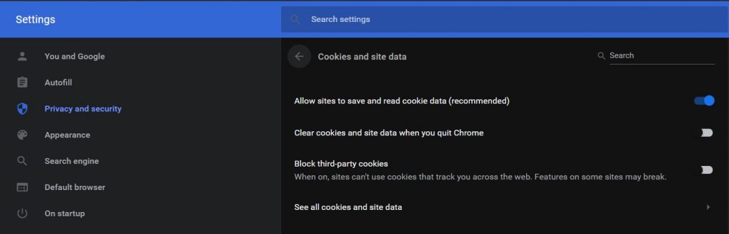  Enable cookies on Chrome