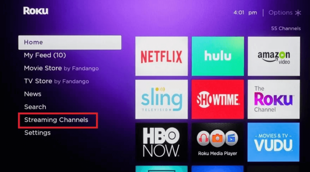 click streaming channels from the home screen
