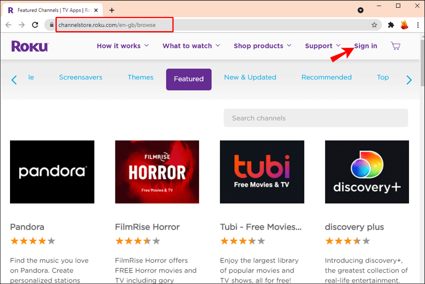 tap sign in in the roku channel store 