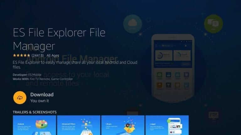 click download to install es file explorer app 