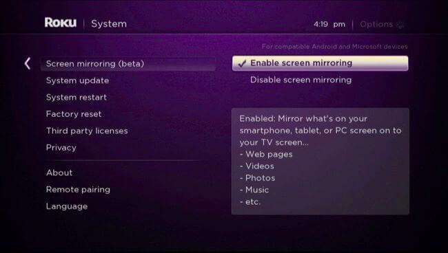  select the Enable screen mirroring mode