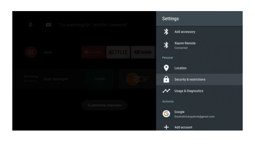 Choose the Security & Restrictions  to get Dropbox on Android TV