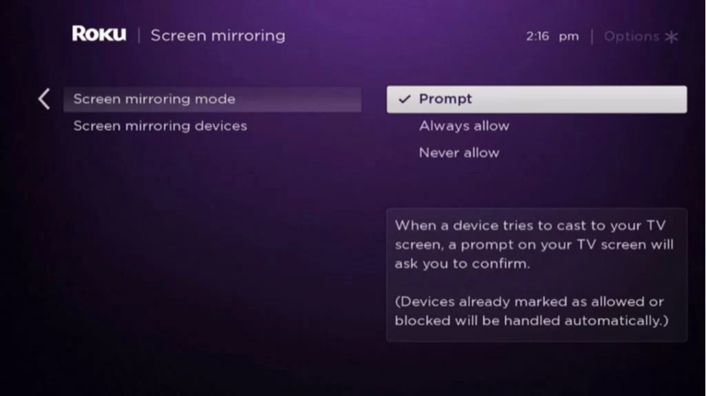 tap always allow to enable screen mirroring on Roku