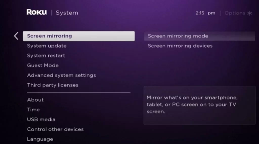 tap screen mirroring on the settings menu