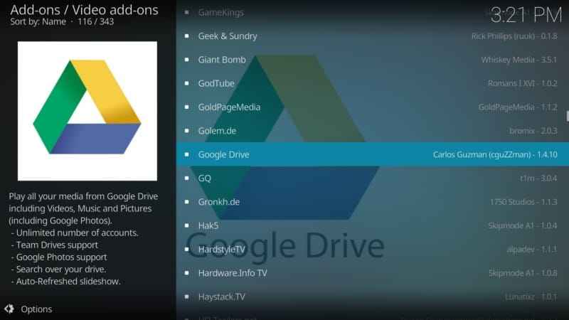 open Google drive on Kodi