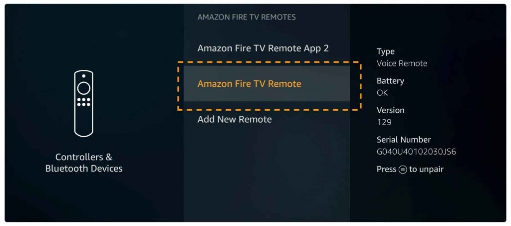 select the Amazon Fire TV remote you want to unpair