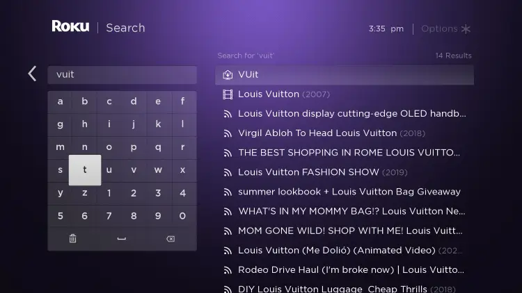 Type the VUit app name on the search bar using the on-screen virtual keyboard.