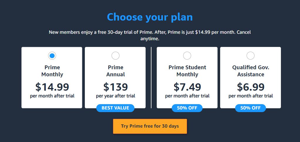 Amazon Prime Video Subscription Plans