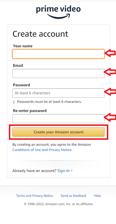 Tap Create your Amazon account button, after entering the details