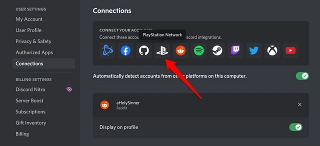 Playstation Network under Connect your Account 