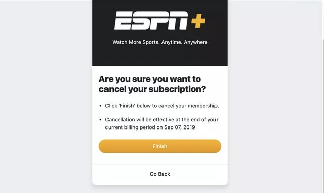 Tap Finish to cancel the ESPN+ Subscription plan.
