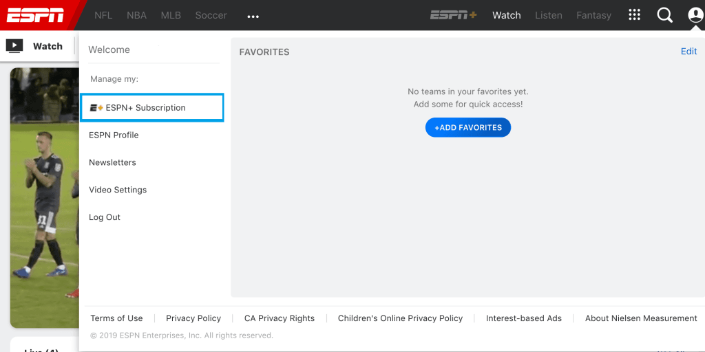 Choose ESPN+ Subscription from the menu