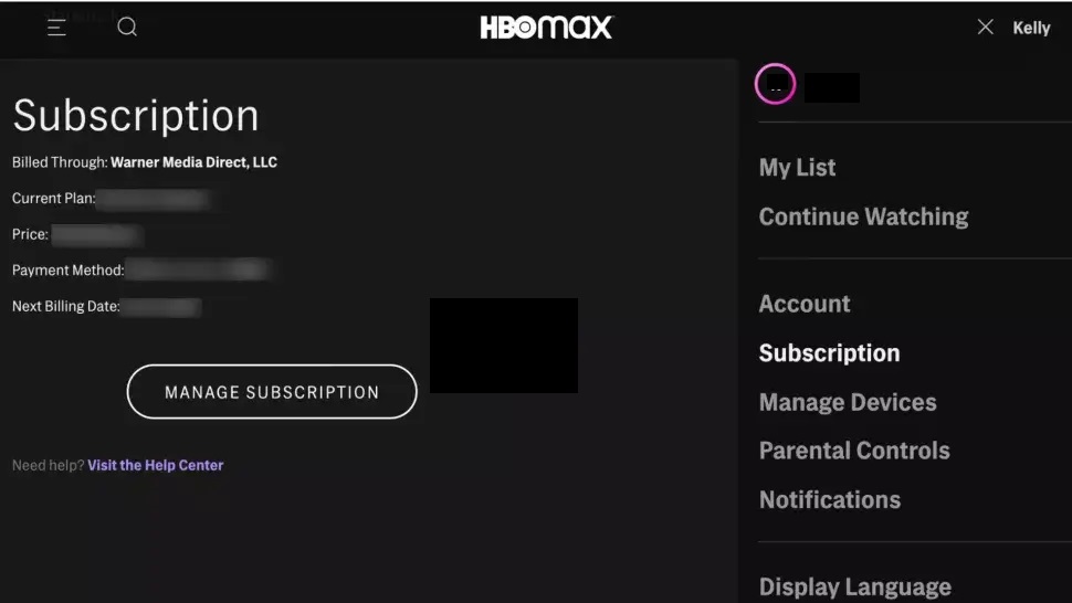 Tap Manage Subscription - HBO Max Free Trial