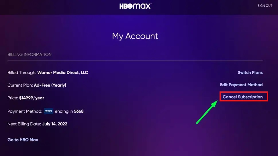 Tap Cancel Subscription option- HBO Max Free Trial
