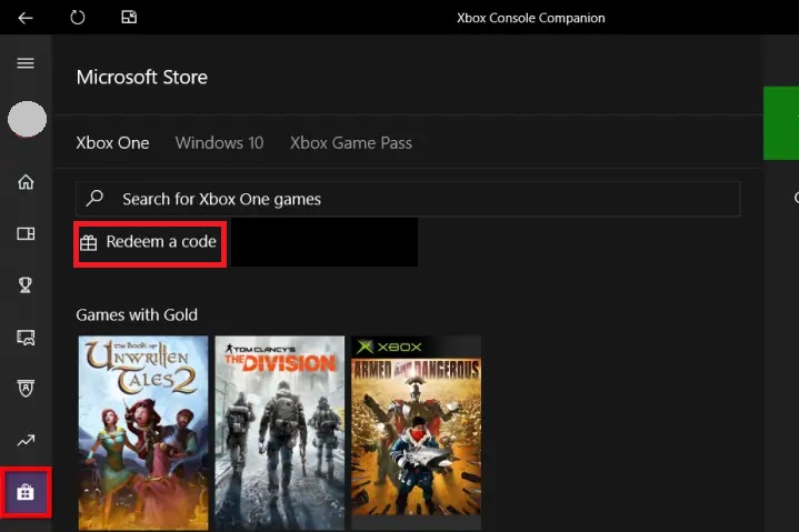 Tap Microsoft Store on the left side navigation bar and Select Redeem A Code option