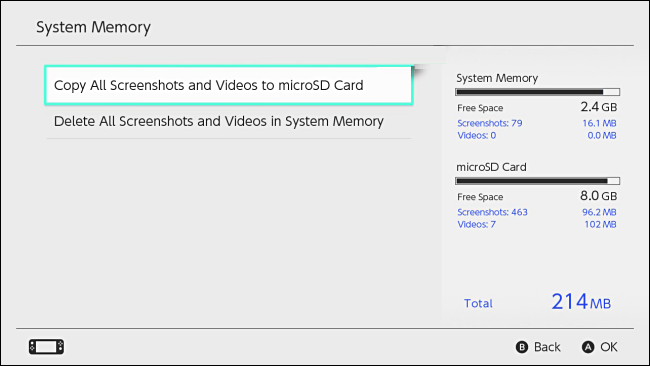 selecting the option Copy All Screenshots and Videos to the microSD card