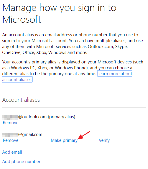 Make Primary in Microsoft account 