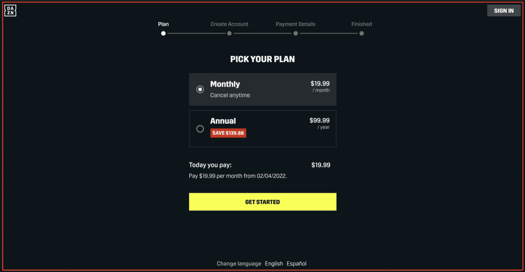 select your subscription plan - DAZN Free Trial