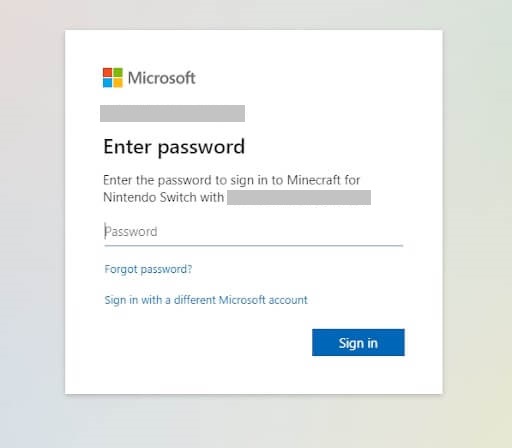 Enter the Microsoft account password to sign in to Minecraft for Nintendo Switch
