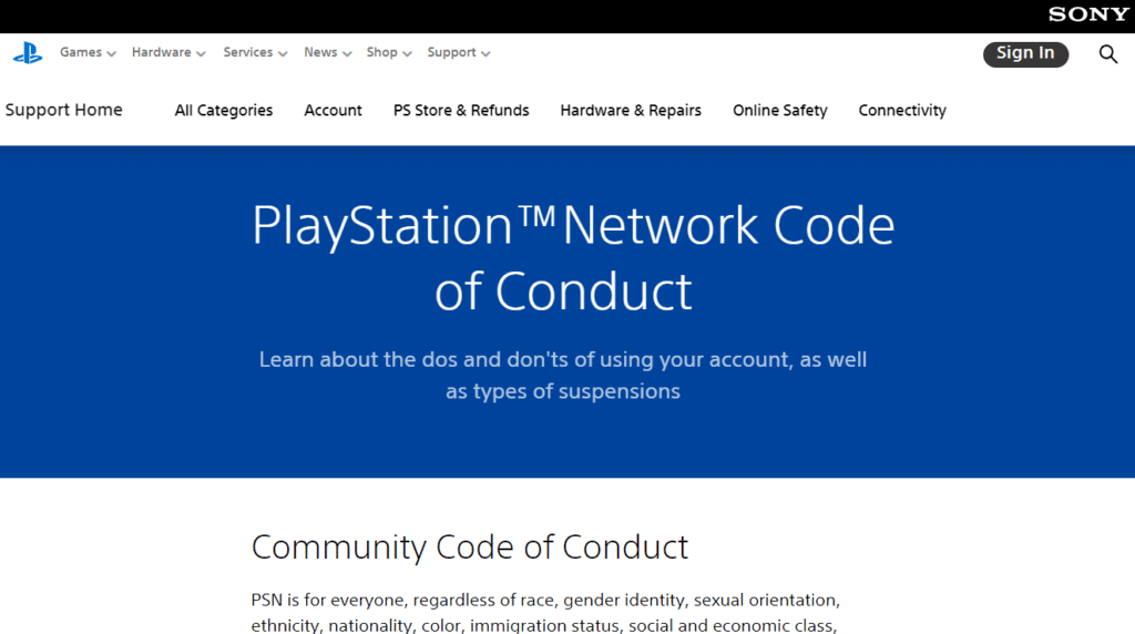 Play station code of conduct 