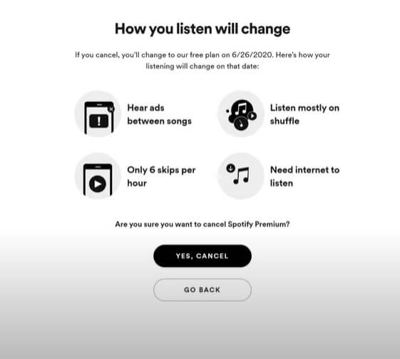 Click on the Yes, Cancel button to cancel Spotify Free Trial