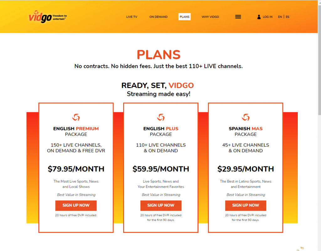 Choose the subscription plan - Vidgo Free Trial