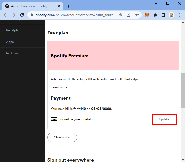 Update payment method on spotify 