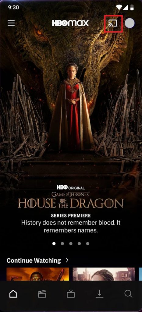 Tap Cast icon to watch HBO Max on Philips Smart TV