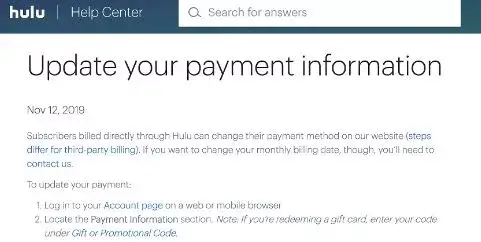 Update your Payment Information to fix Hulu Error Code P-EDU125