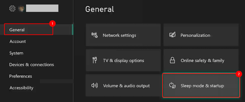 Select Sleep mode & startup option to Put Xbox in rest mode