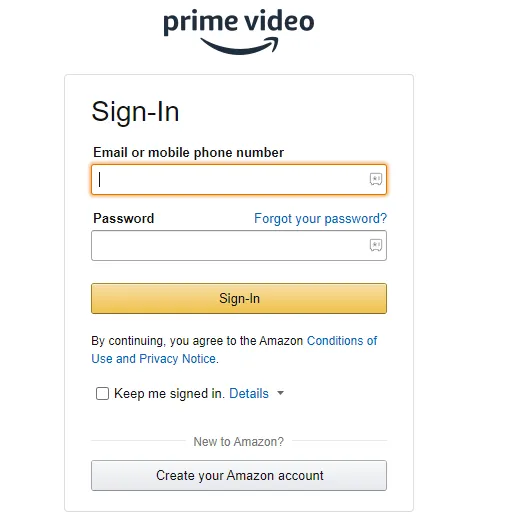 Log in to Amazon Prime