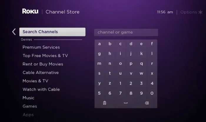 Tap Search Channels and type Amazon Prime Video