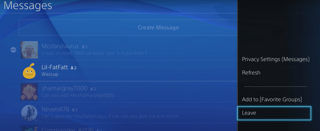 Click Leave to delete messages on PS4