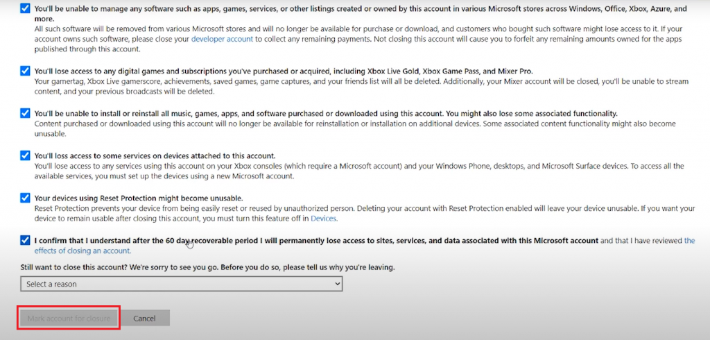 Click Mark account for closure to delete your Xbox account permanently