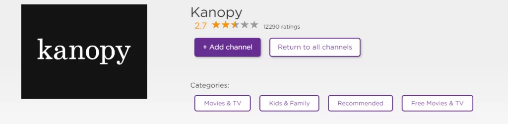 Select Add Channel to install Kanopy on Roku