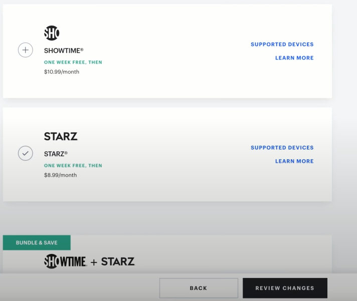 Tap Review changes to add starz on Hulu 