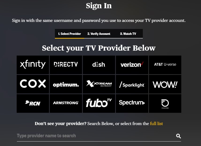 Select your TV provider and log in with your account